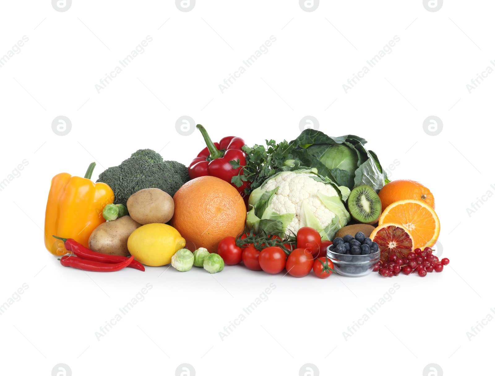 Photo of Fresh products rich in vitamin C on white background