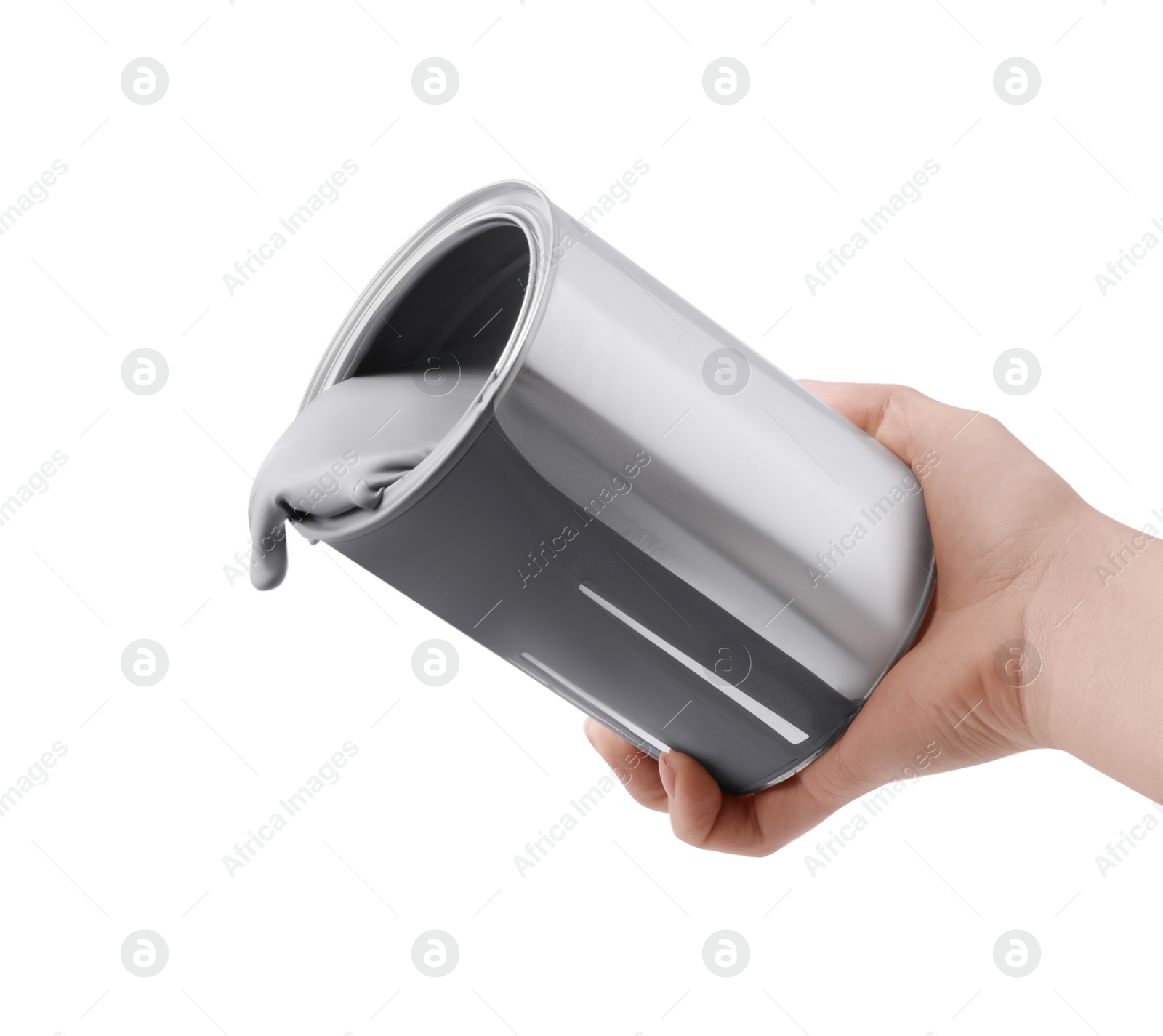 Photo of Woman holding can with grey paint on white background, closeup