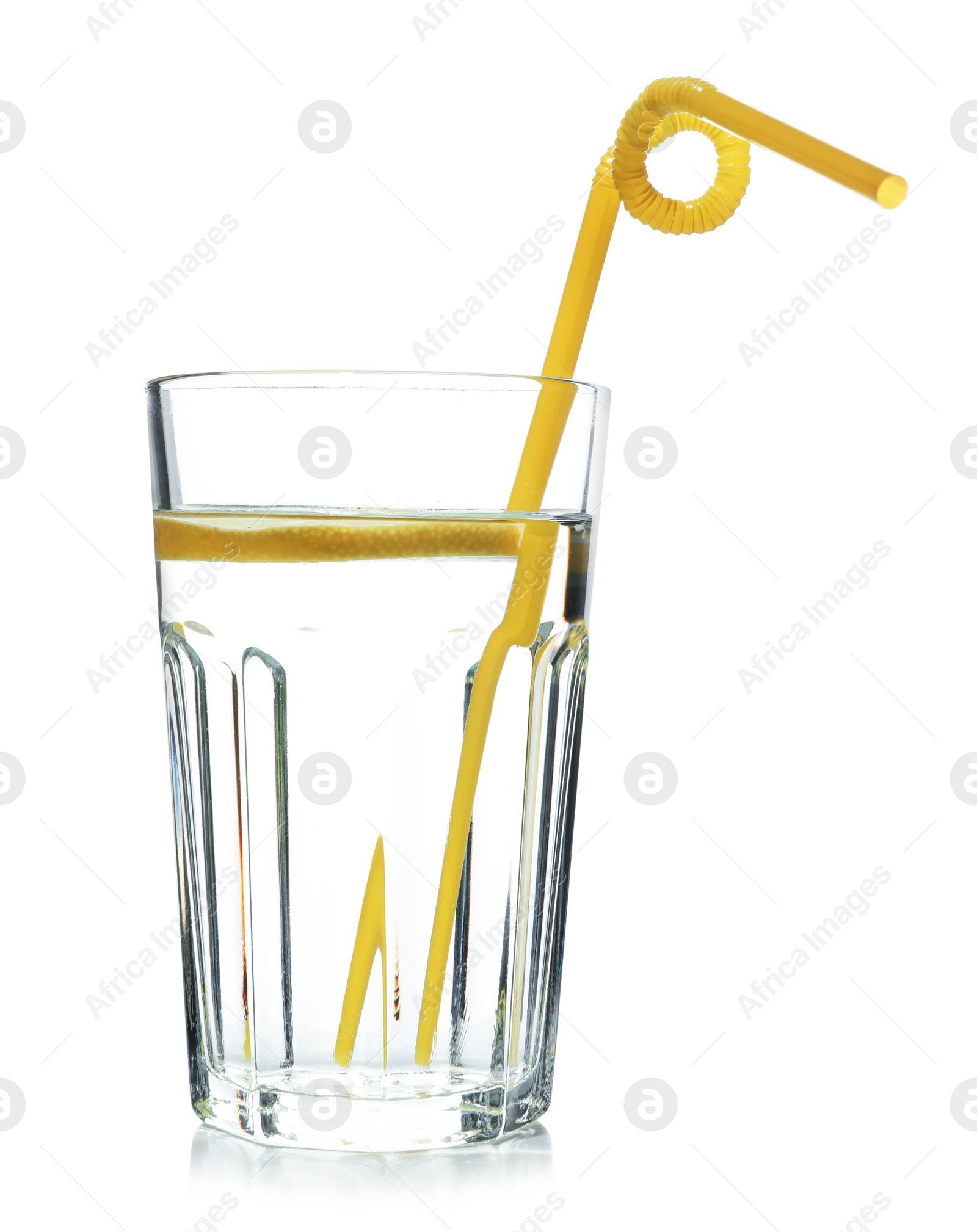 Photo of Glass of water with lemon and straw on white background. Refreshing drink