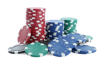 Photo of Casino chips on white background. Poker game