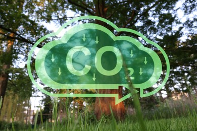Image of Reduce CO2 emissions. Illustration of cloud with CO2 inscription, arrows and beautiful park, low angle view