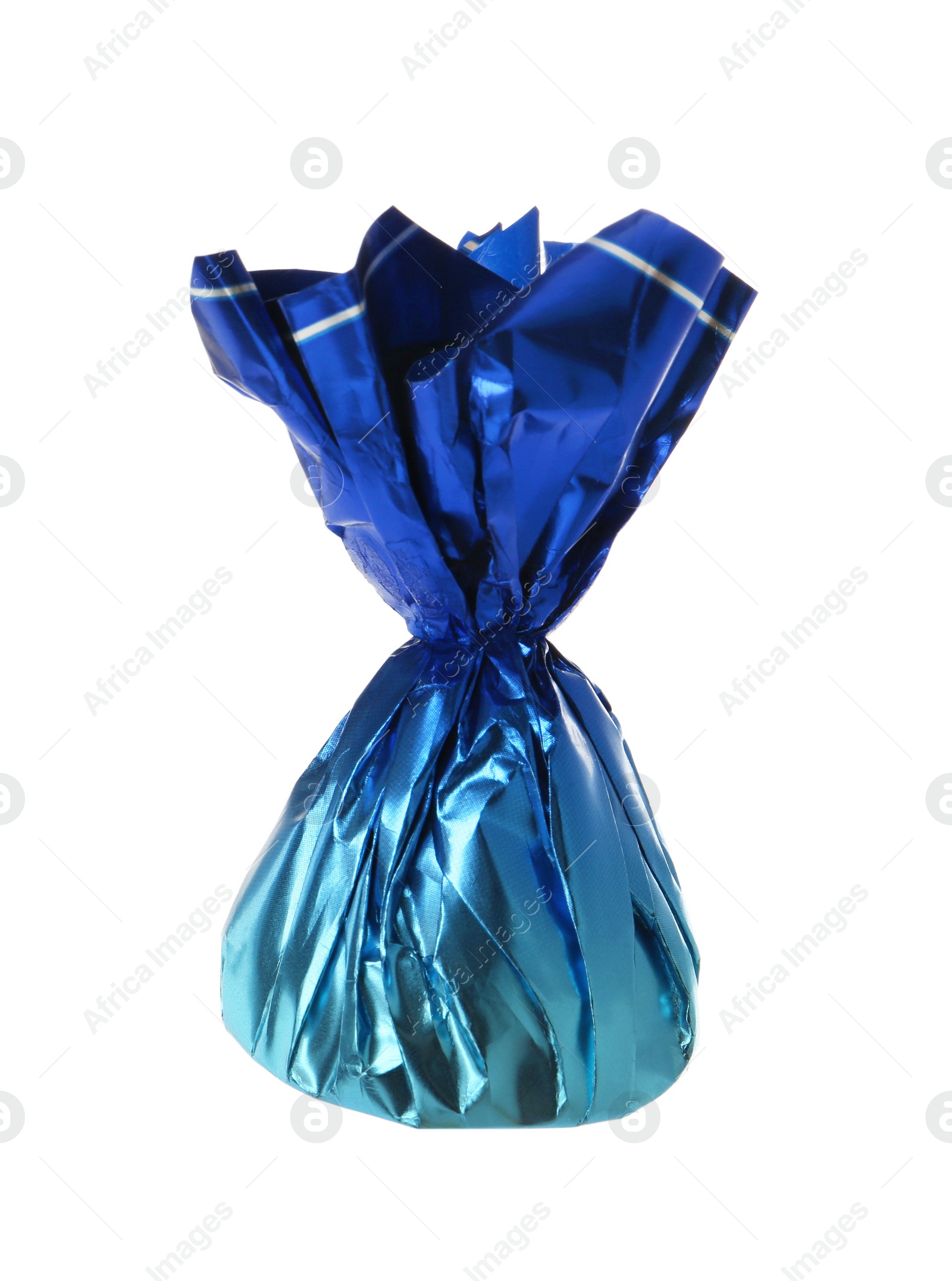 Photo of Delicious candy in blue wrapper isolated on white