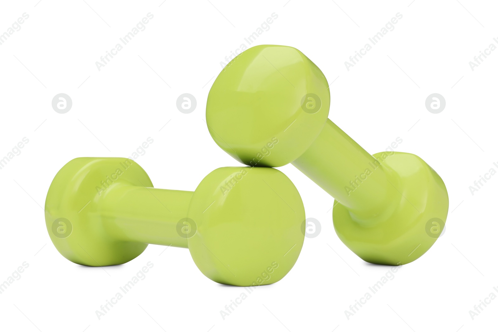 Photo of Light green dumbbells isolated on white. Sports equipment