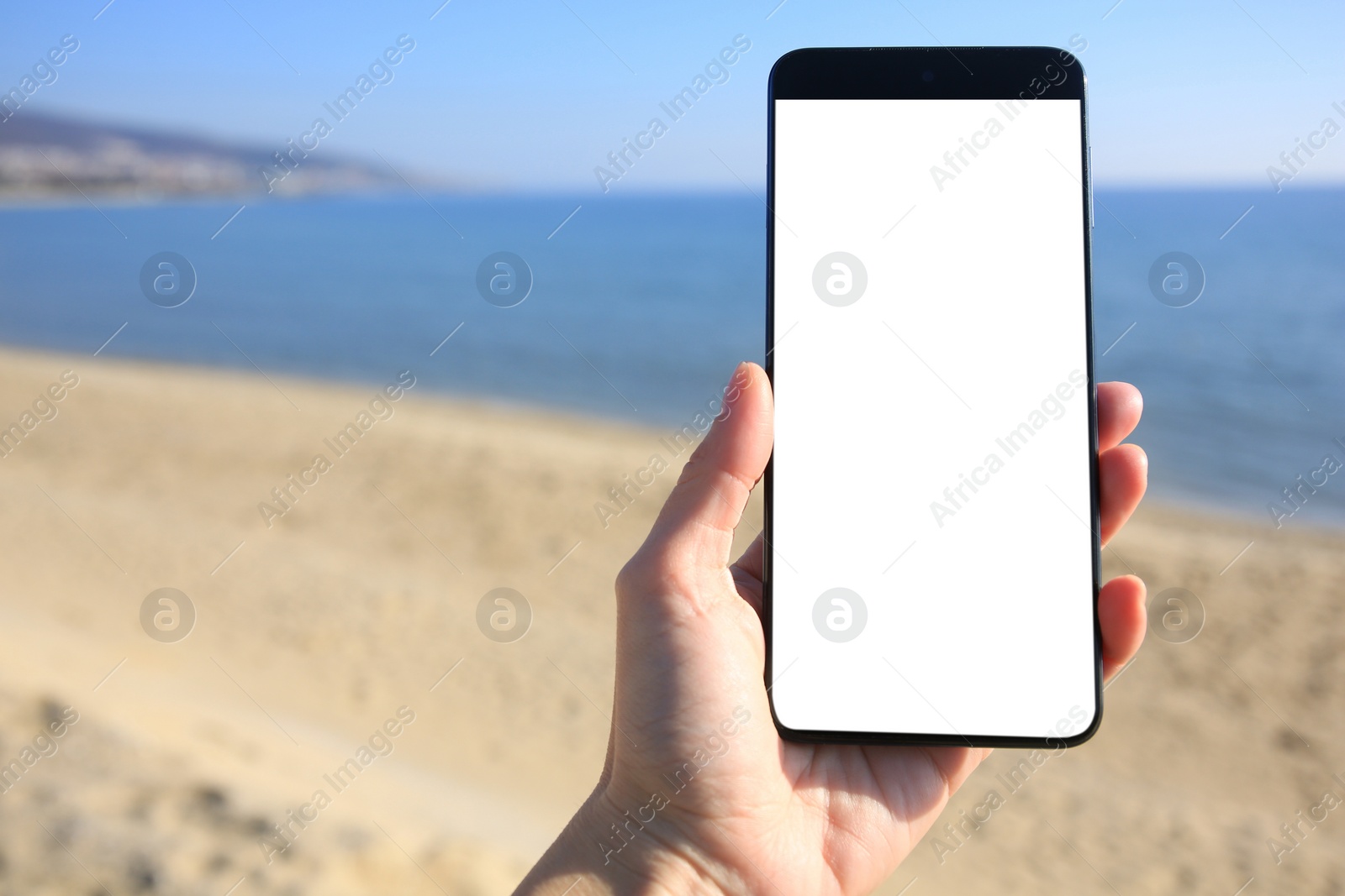 Photo of Man using weather forecast app on smartphone outdoors on sunny day, closeup. Space for text