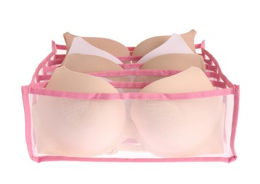 Transparent organizer with bras isolated on white