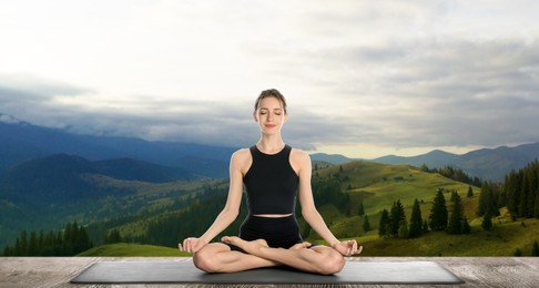 Young woman practicing yoga on wooden surface against beautiful mountain landscape. Banner design