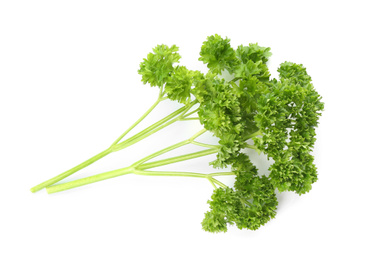 Photo of Fresh green curly parsley on white background, top view