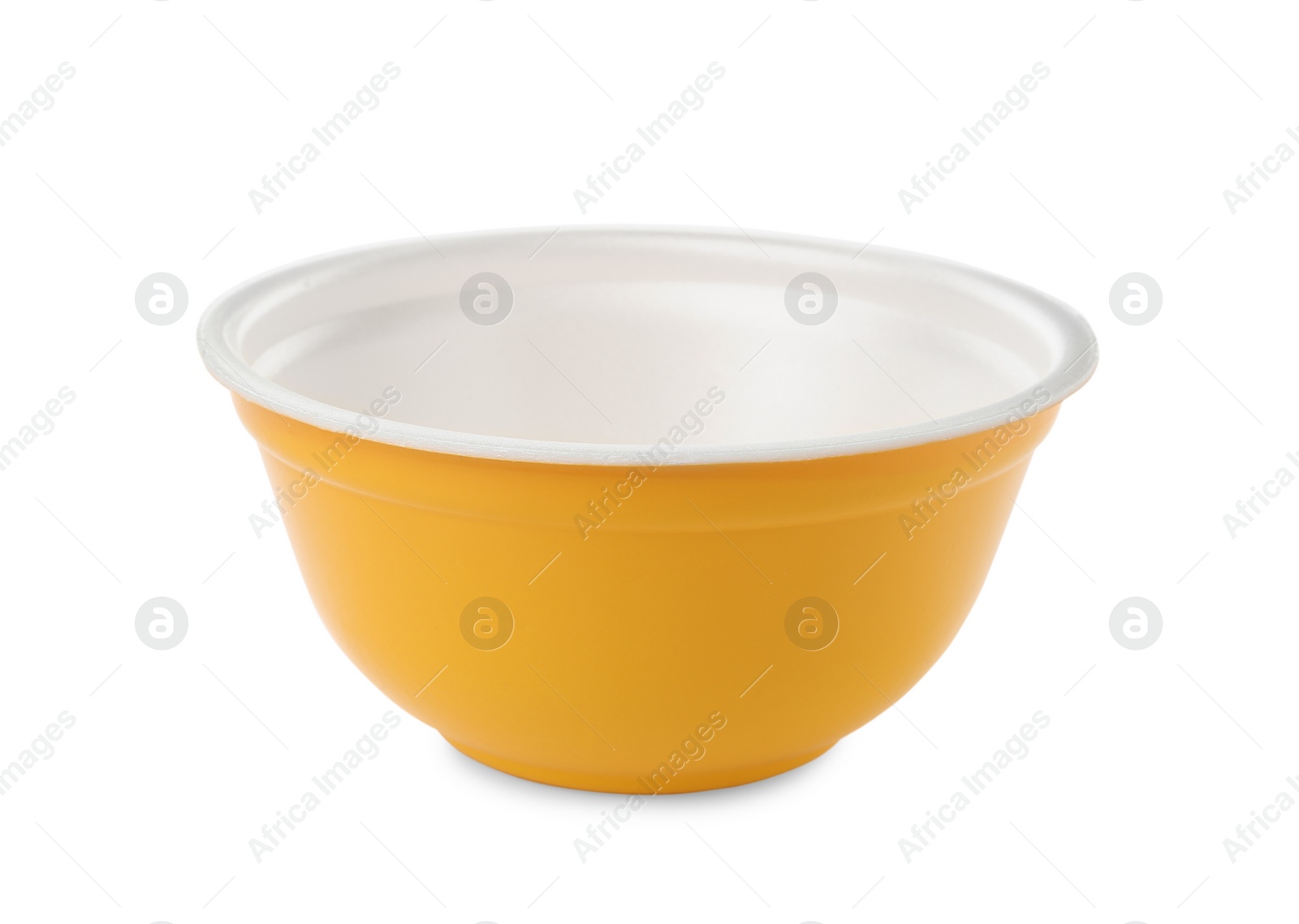 Photo of Disposable orange plastic bowl isolated on white