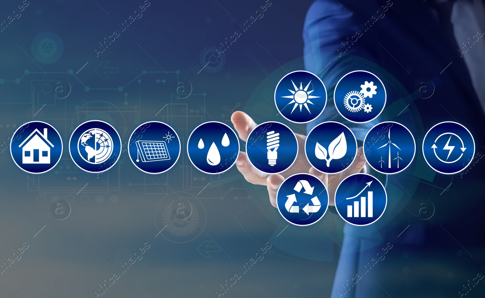 Image of Energy efficiency concept. Man demonstrating scheme with icons, closeup