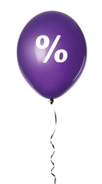 Discount offer. Purple balloon with percent sign on white background