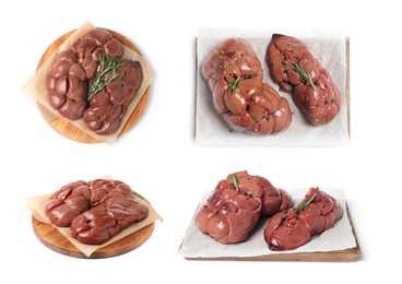 Image of Set with fresh raw kidneys on white background