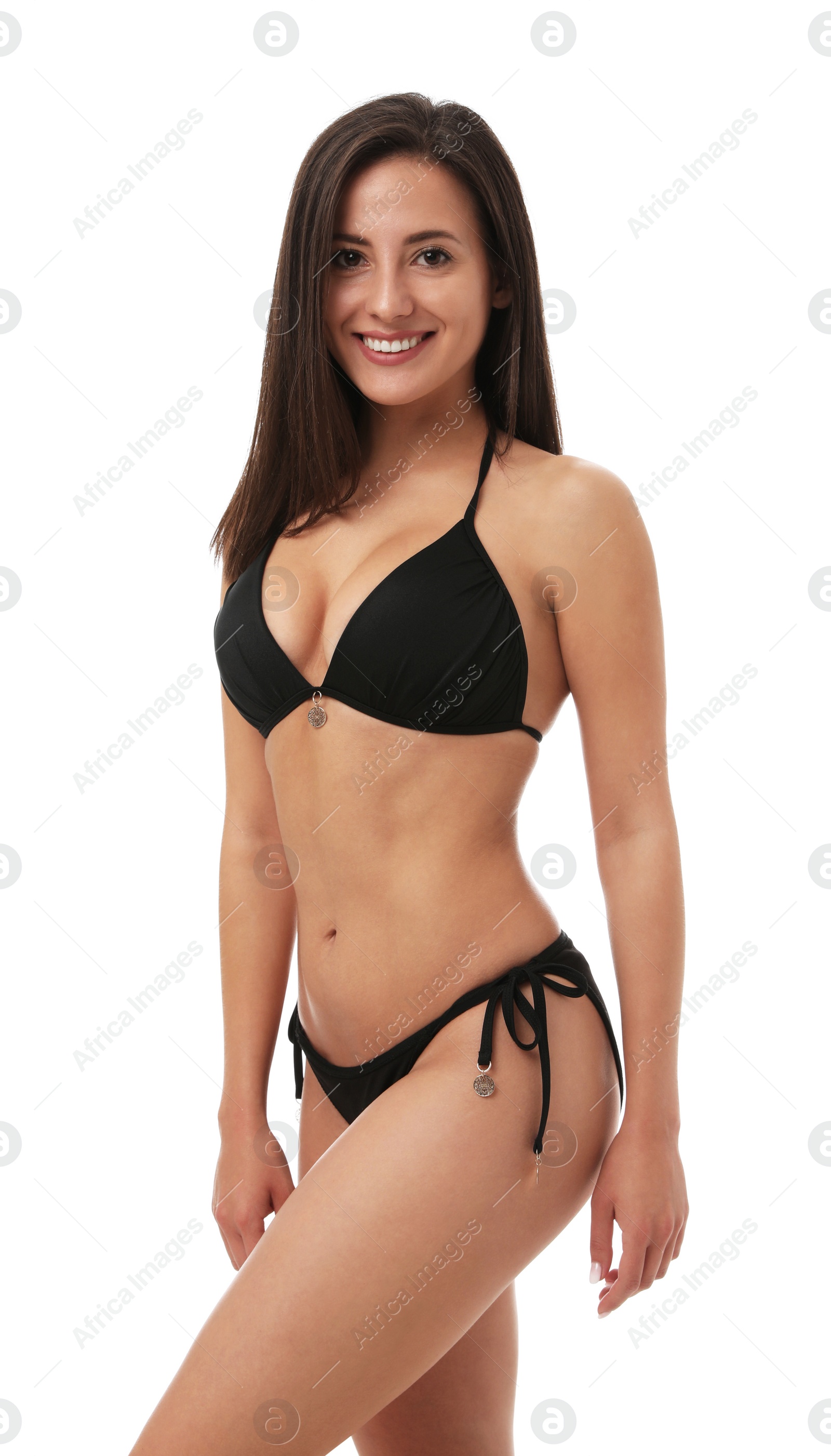 Photo of Pretty sexy woman with slim body in stylish black bikini on white background