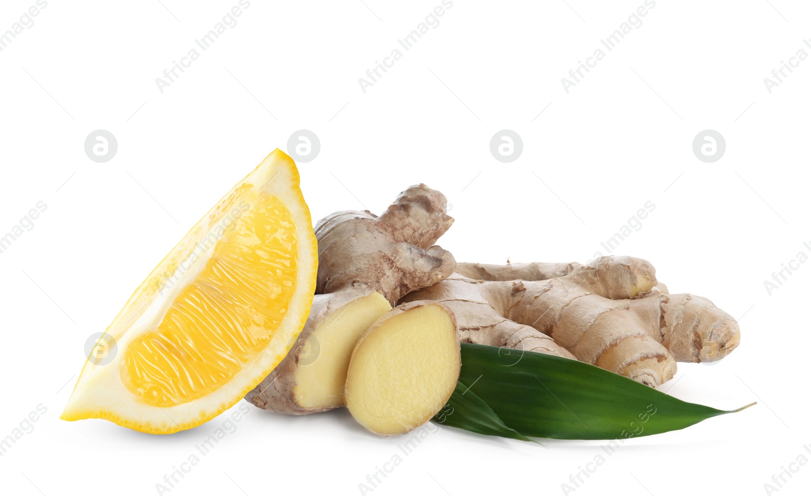 Image of Fresh ginger root and lemon on white background