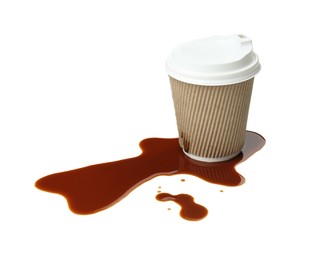 Paper cup and spilled coffee on white background