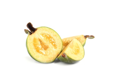 Delicious cut feijoa fruit on white background