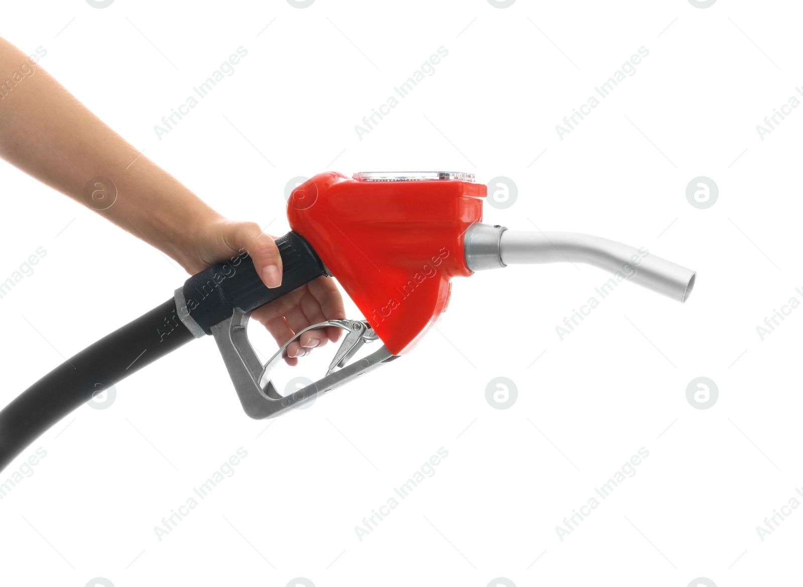 Photo of Gas station worker with fuel nozzle on white background, closeup