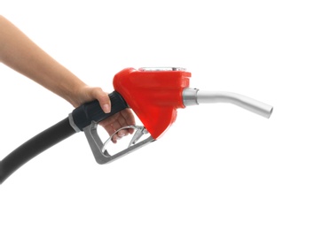 Photo of Gas station worker with fuel nozzle on white background, closeup