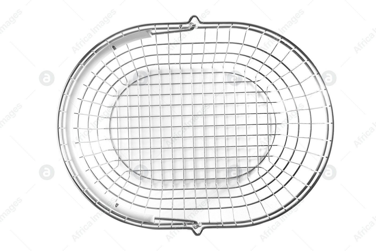 Photo of Empty metal shopping basket on white background, top view