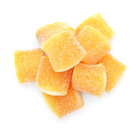 Photo of Pile of delicious jelly candies on white background, top view