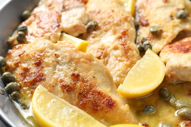 Delicious chicken piccata with lemons as background, closeup