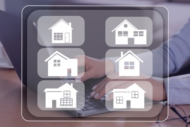 Image of House search. Woman choosing home via laptop at table, closeup. Illustrations of different buildings as real estate variations
