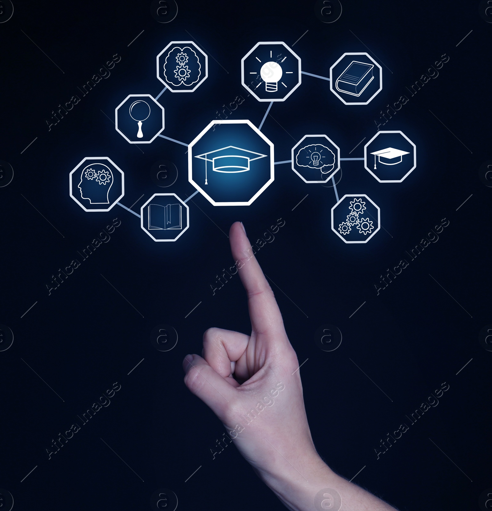 Image of E-learning. Woman using virtual screen with different icons on dark background, closeup