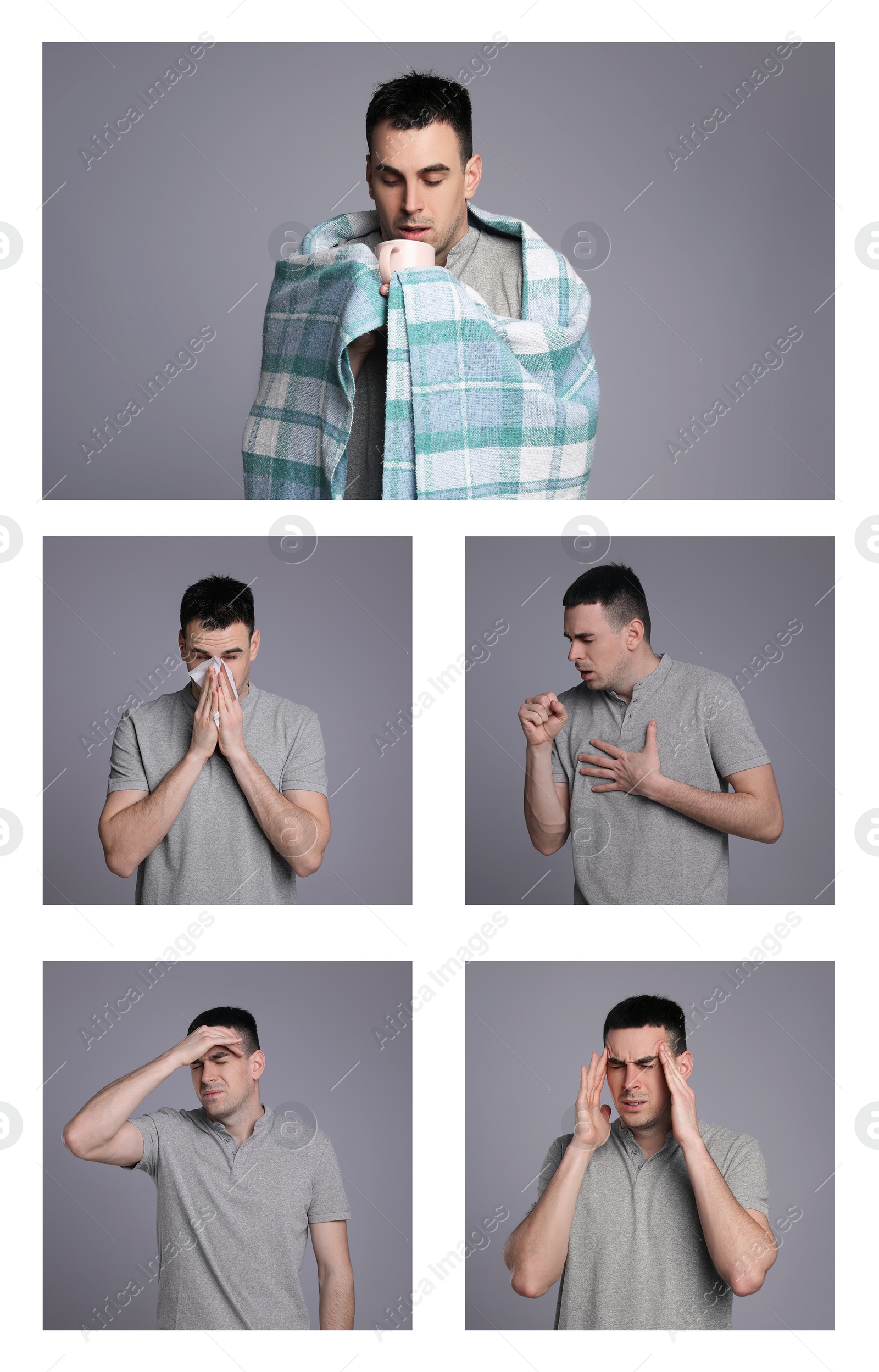 Image of Collage with photos of man with cold symptoms on white background