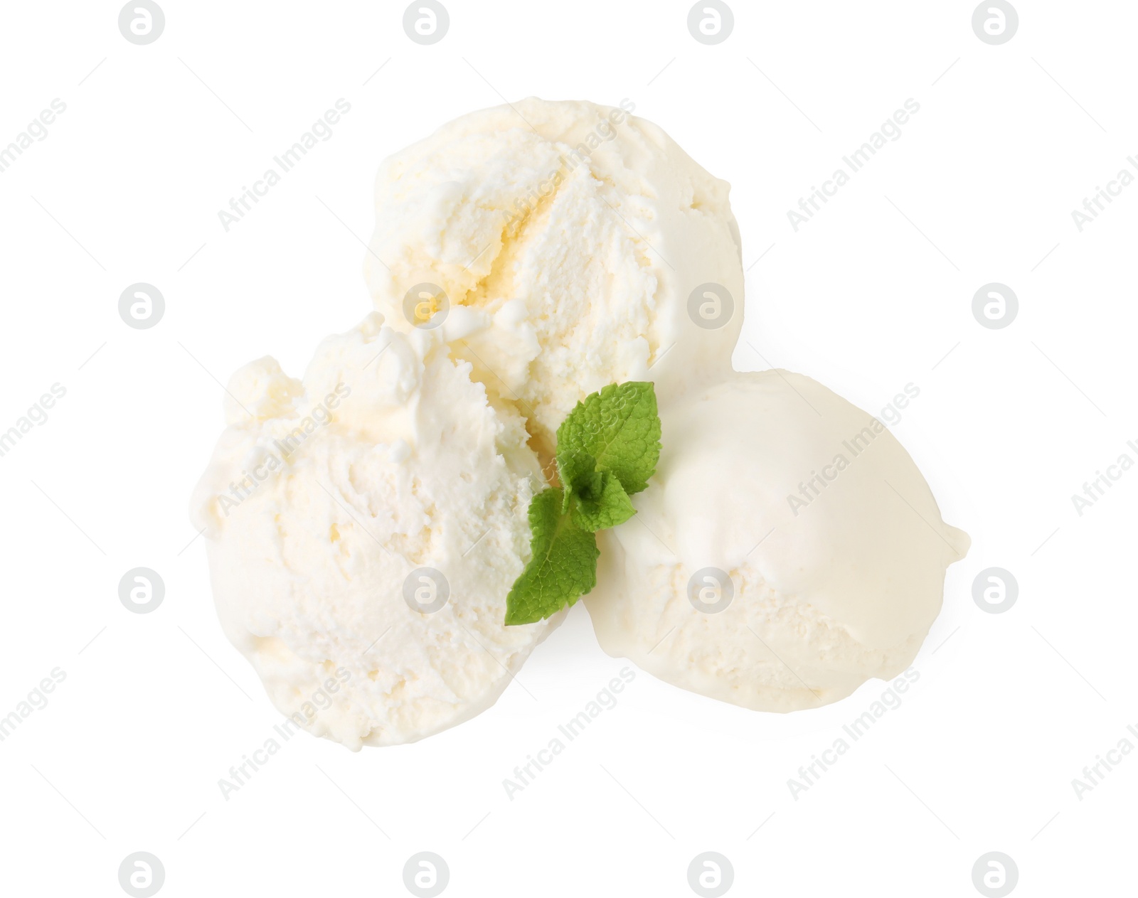 Photo of Scoops of delicious vanilla ice cream with mint isolated on white, top view