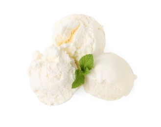 Photo of Scoops of delicious vanilla ice cream with mint isolated on white, top view