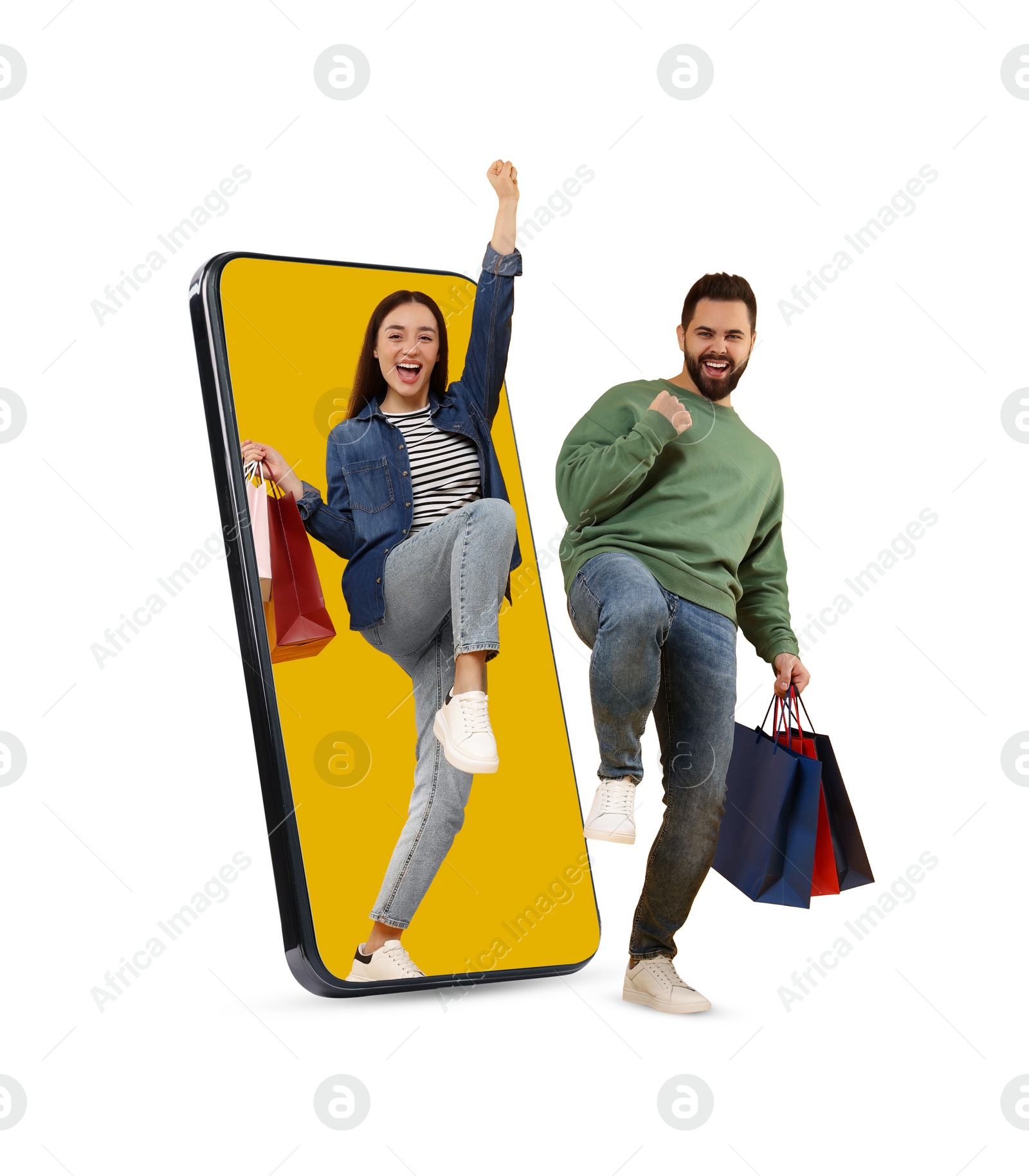 Image of Online shopping. Happy couple with paper bags walking out from smartphone on white background
