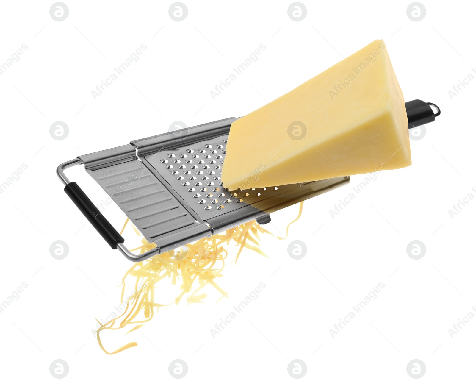 Image of Grating cheese with hand grater in air on white background