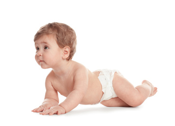 Cute little baby in diaper on white background