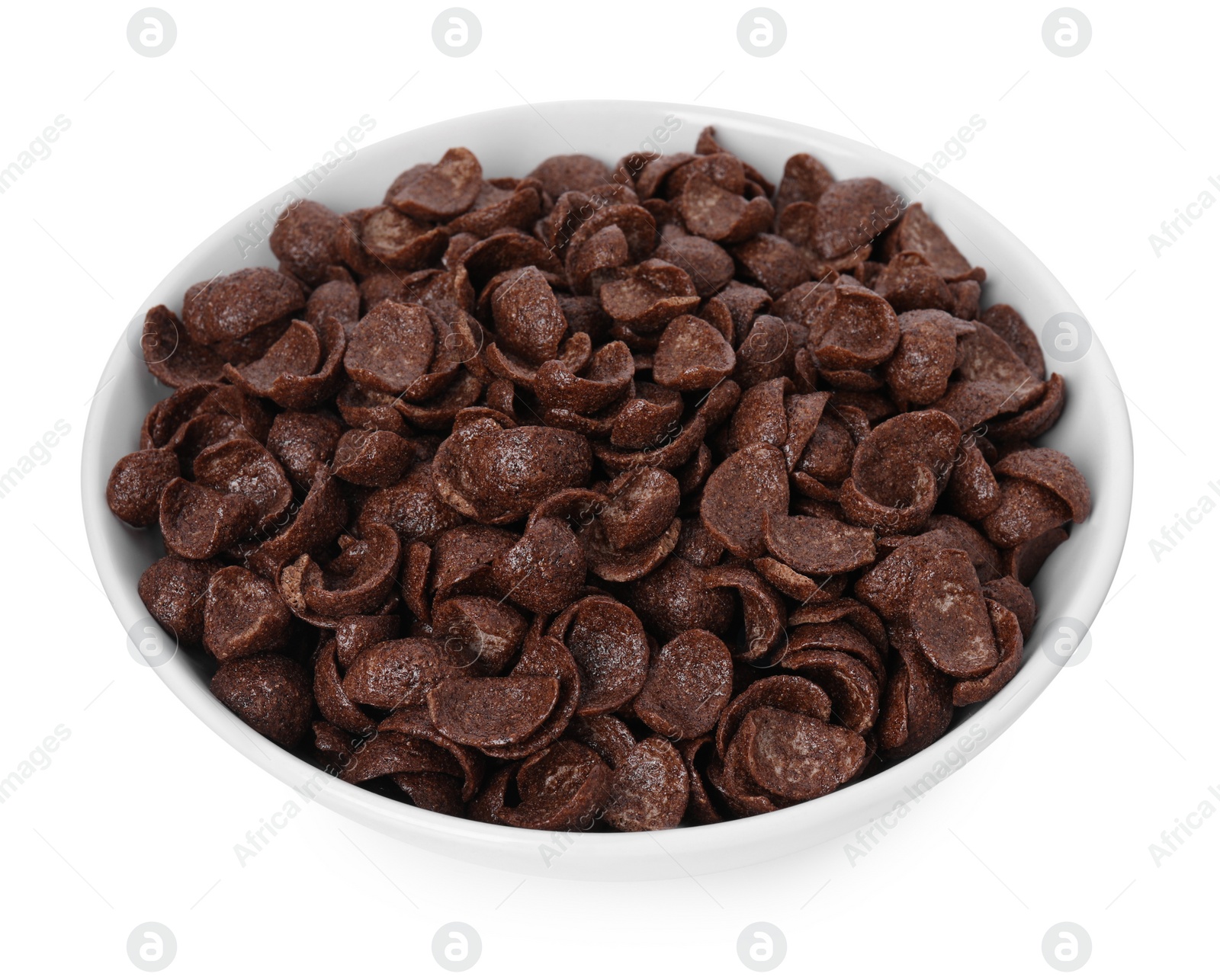 Photo of Breakfast cereal. Chocolate corn flakes in bowl isolated on white