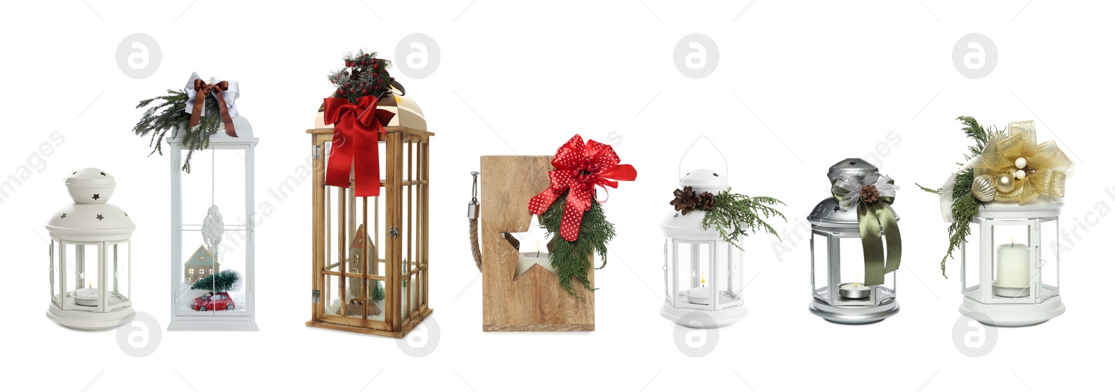 Image of Set with beautiful decorative Christmas lanterns on white background, banner design