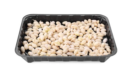 Photo of Plastic tray with sprouted kidney beans isolated on white