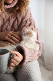 Photo of Woman with cute fluffy cat and cup indoors, closeup