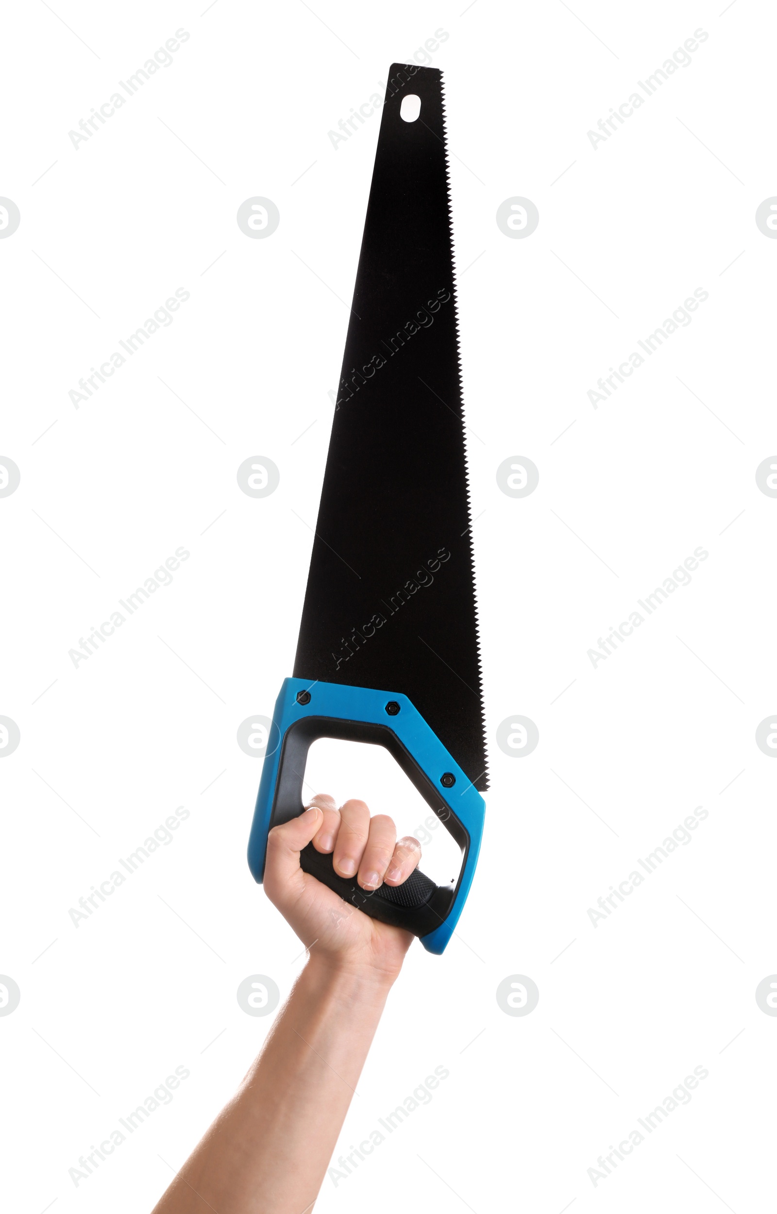 Photo of Man holding handsaw isolated on white. Construction tools