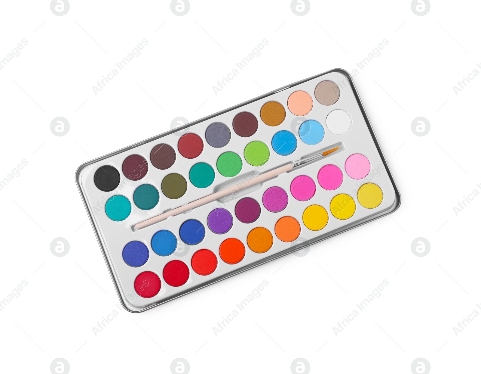 Photo of Watercolor palette with brush isolated on white, top view