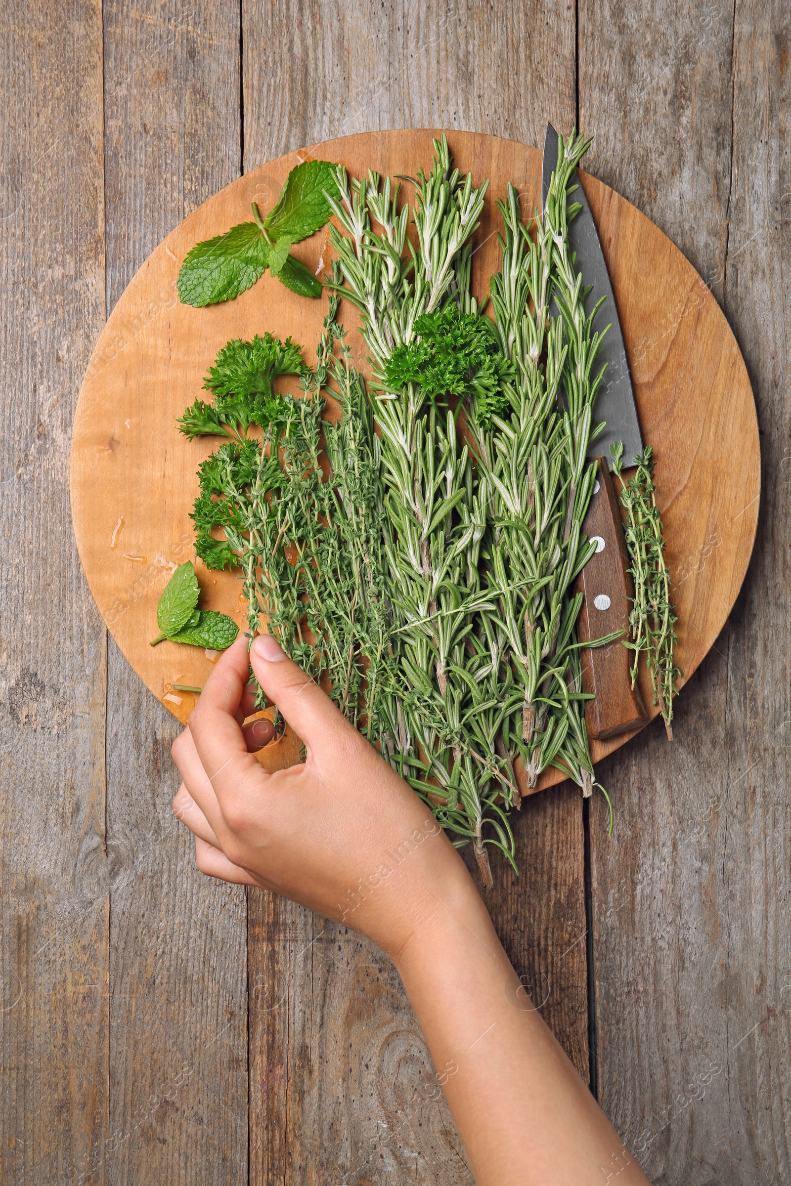 Photo of Woman with rosemary and other herbs on wooden background, top view