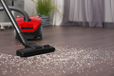 Vacuuming scattered rice from wooden floor in room