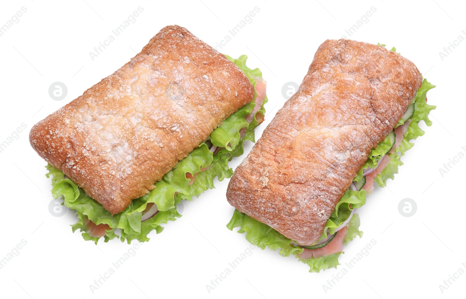 Photo of Delicious sandwiches with fresh vegetables and salmon isolated on white