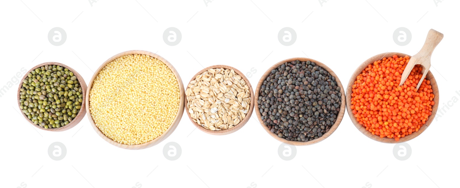 Photo of Different types of legumes and cereals on white background, top view. Organic grains