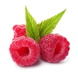 Delicious fresh ripe raspberries with leaves on white background