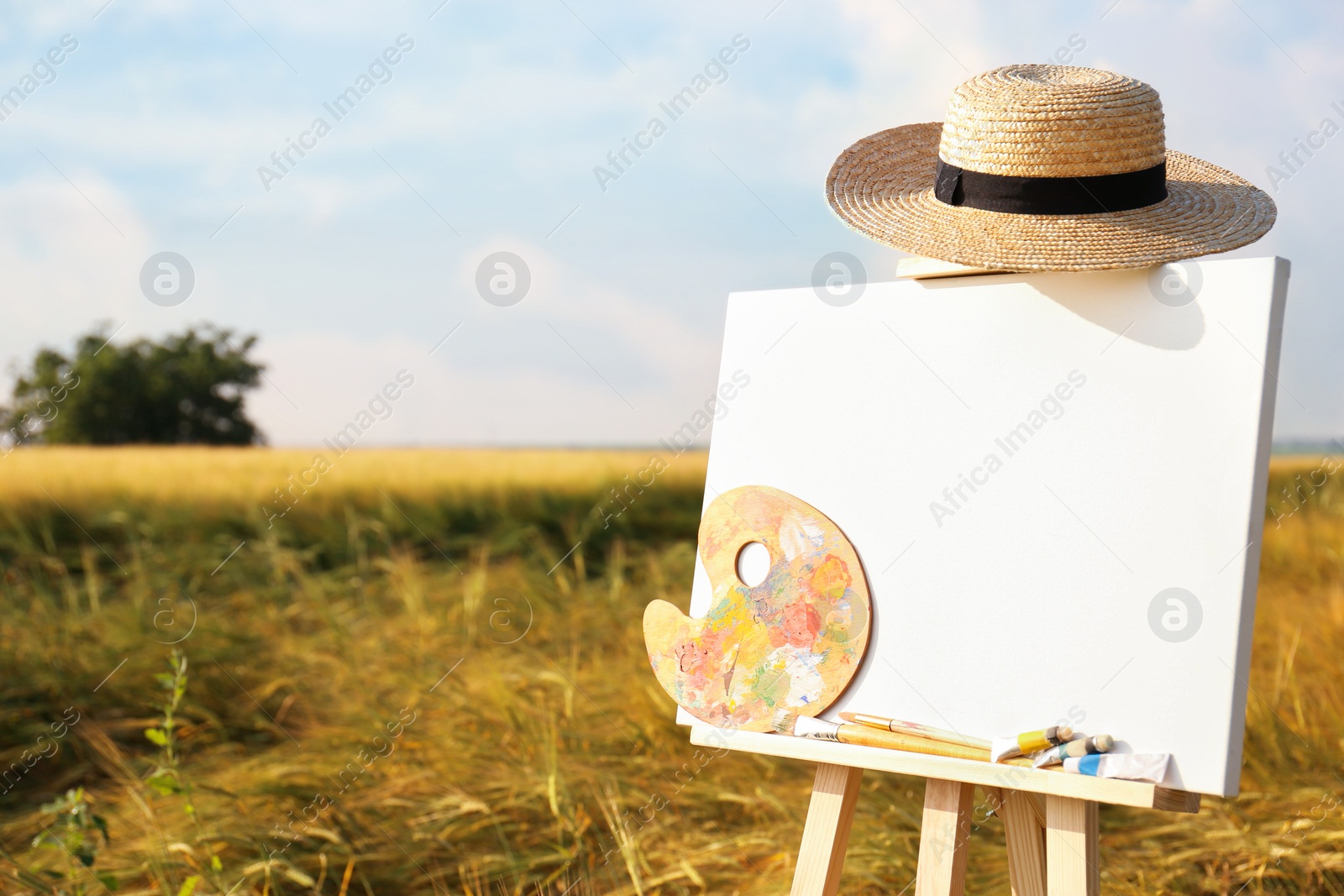 Photo of Wooden easel with blank canvas, painting equipment and hat in field. Space for text