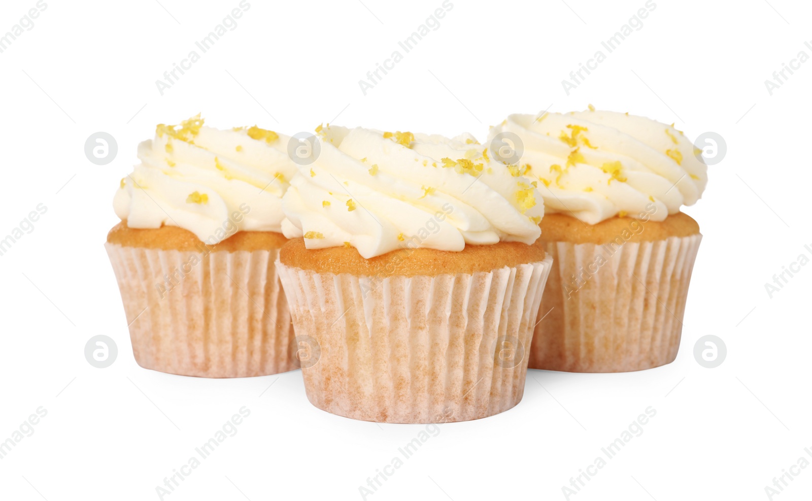 Photo of Delicious cupcakes with cream and lemon zest isolated on white
