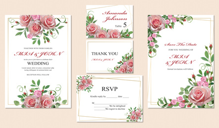 Illustration of Beautiful wedding invitations and cards with floral motif on beige background, top view