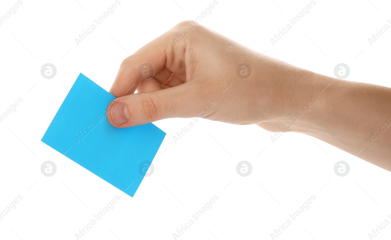 Photo of Man holding facial oil blotting tissue on white background, closeup. Mattifying wipe