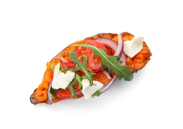 Photo of Stuffed sweet potato on white background, top view