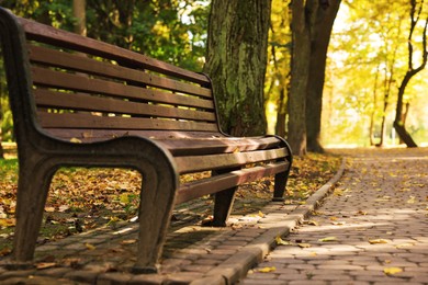 Photo of Wooden bench, pathway and fallen leaves in beautiful park on autumn day