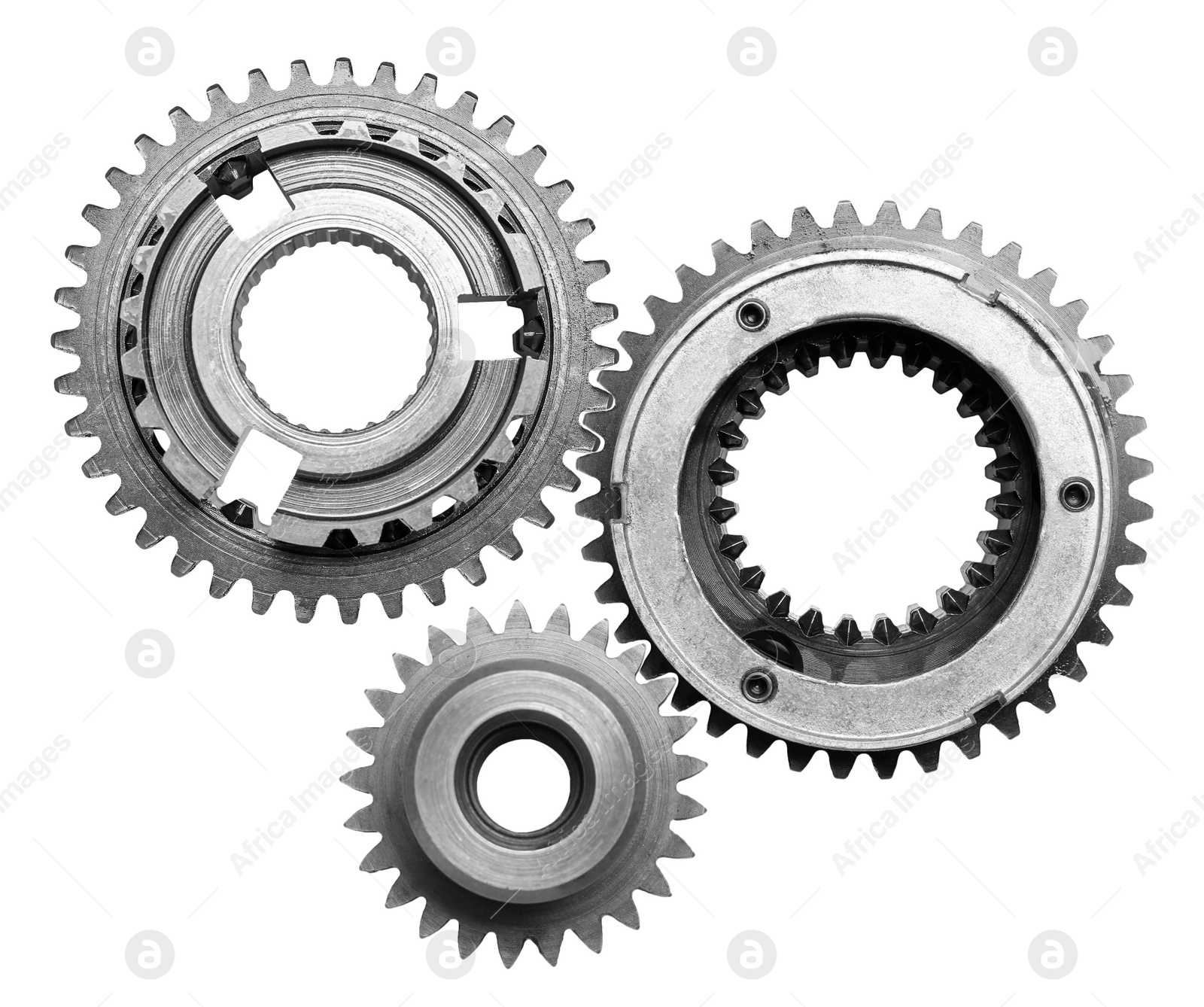 Image of Set with different stainless steel gears on white background, top view